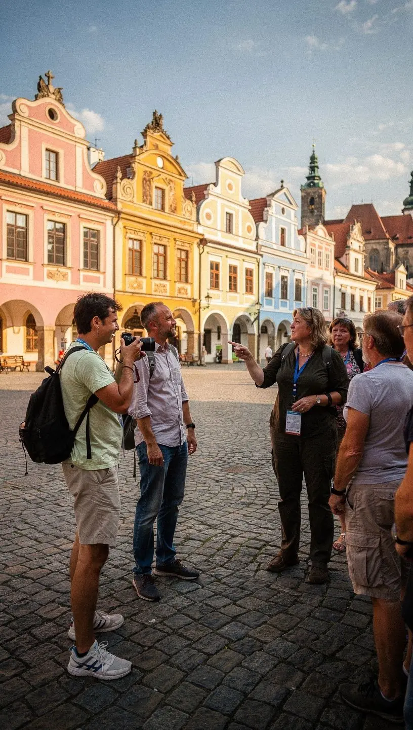 Náves v Telči s barevnými domy a lidmi procházejícími kolem malebného náměstí.