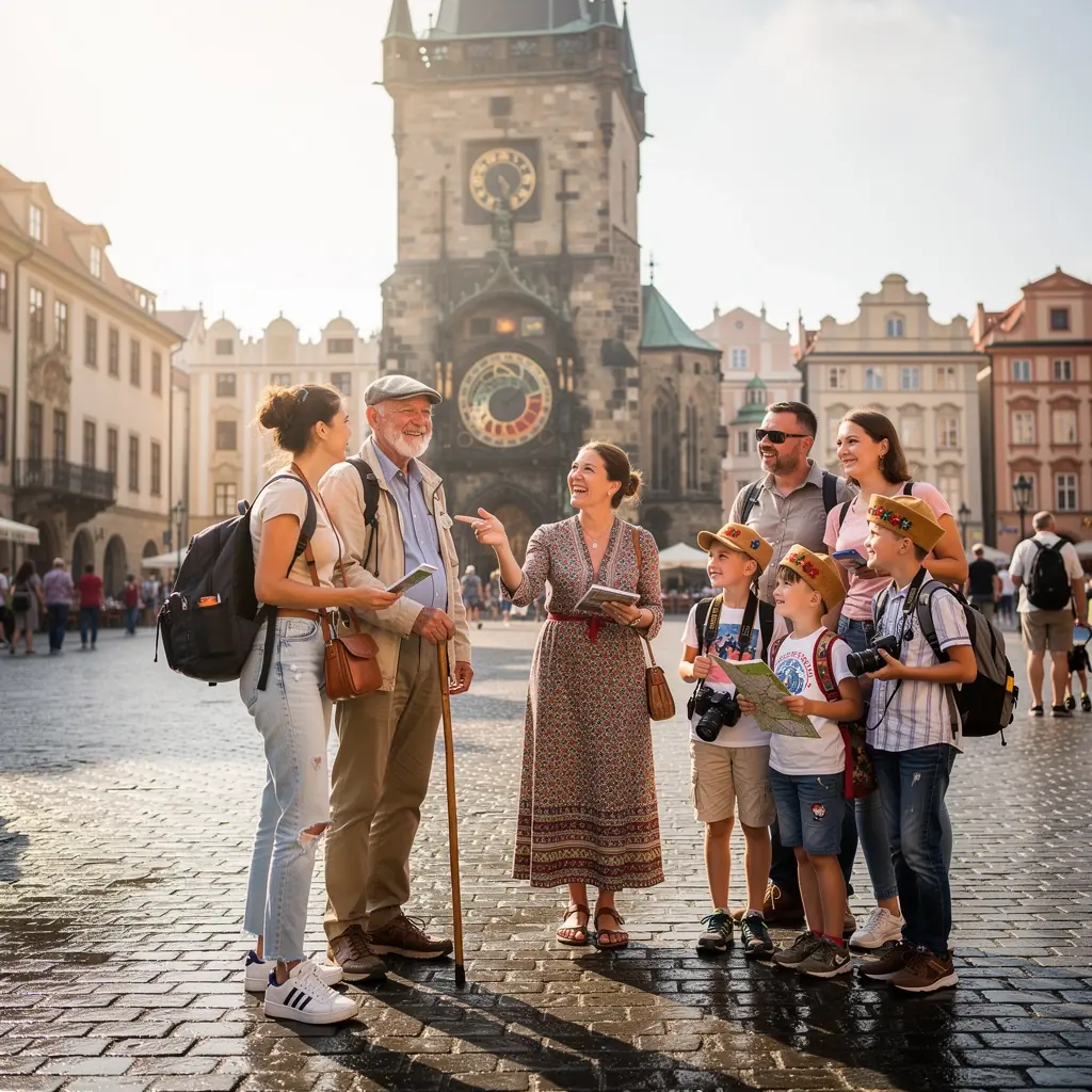 Západ slunce nad Karlovým mostem, s reflektory na hladině Vltavy.